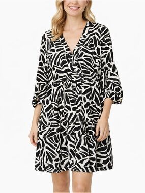 Rachel Zoe Abstract Animal Print Surplice Neckline Black White Shirt Dress Sz S